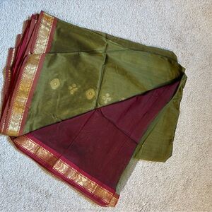Olive Green & Maroon Traditional Saree with Gold Border